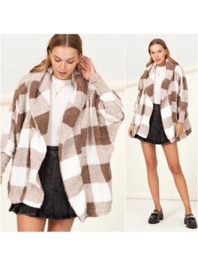 Taupe Ivory Plaid Ultra Comfy Teddy Sherpa Open Cardigan Hooded Coat-NEW-MEDIUM